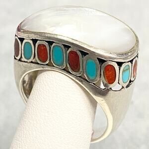 Designer CFJ Thai Sterling 925 MOP Western Band Statement Cocktail Ring Sz 9.75